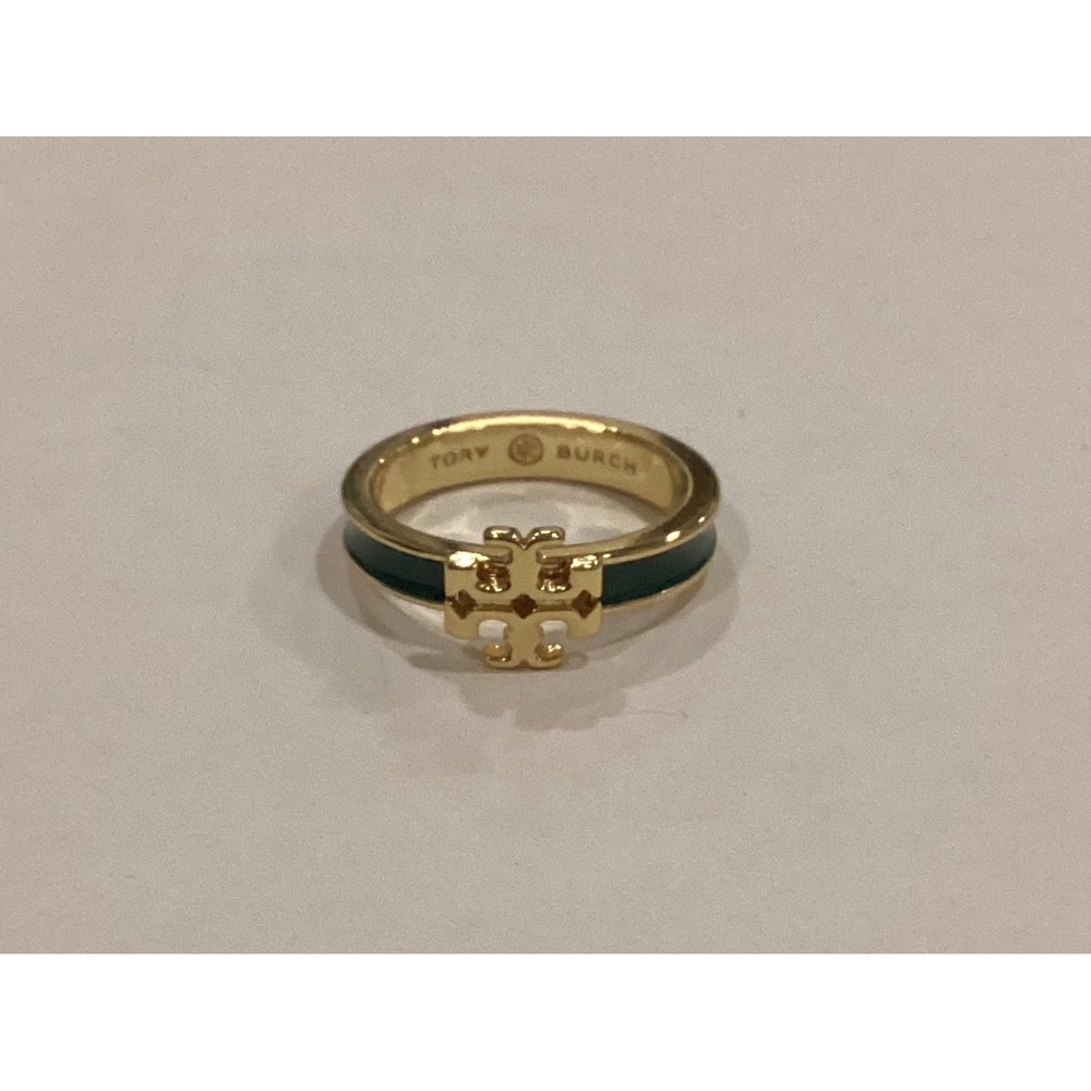 Tory Burch Kira Enamel Ring Gold Tone Hunter Green Logo Band size 8 - Picture 4 of 6